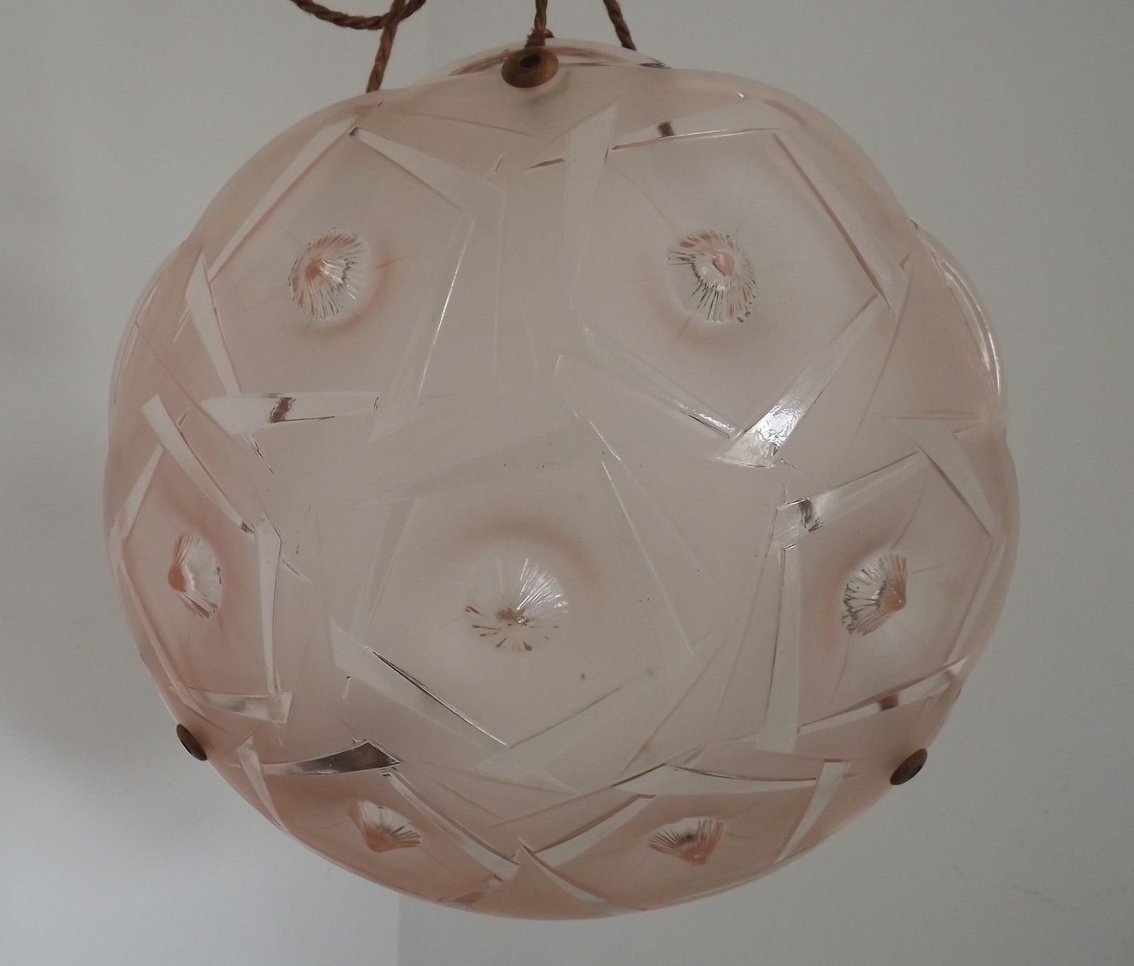 French Art Deco Stamped 1053 Pink Glass Plafonnier Hanging Light Pink Ropes