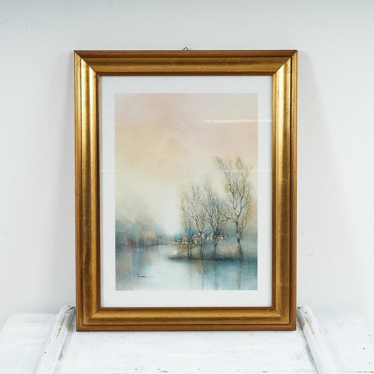 Elegant Painting Depicting A Delicate Landscape, Embellished With A Golden Frame