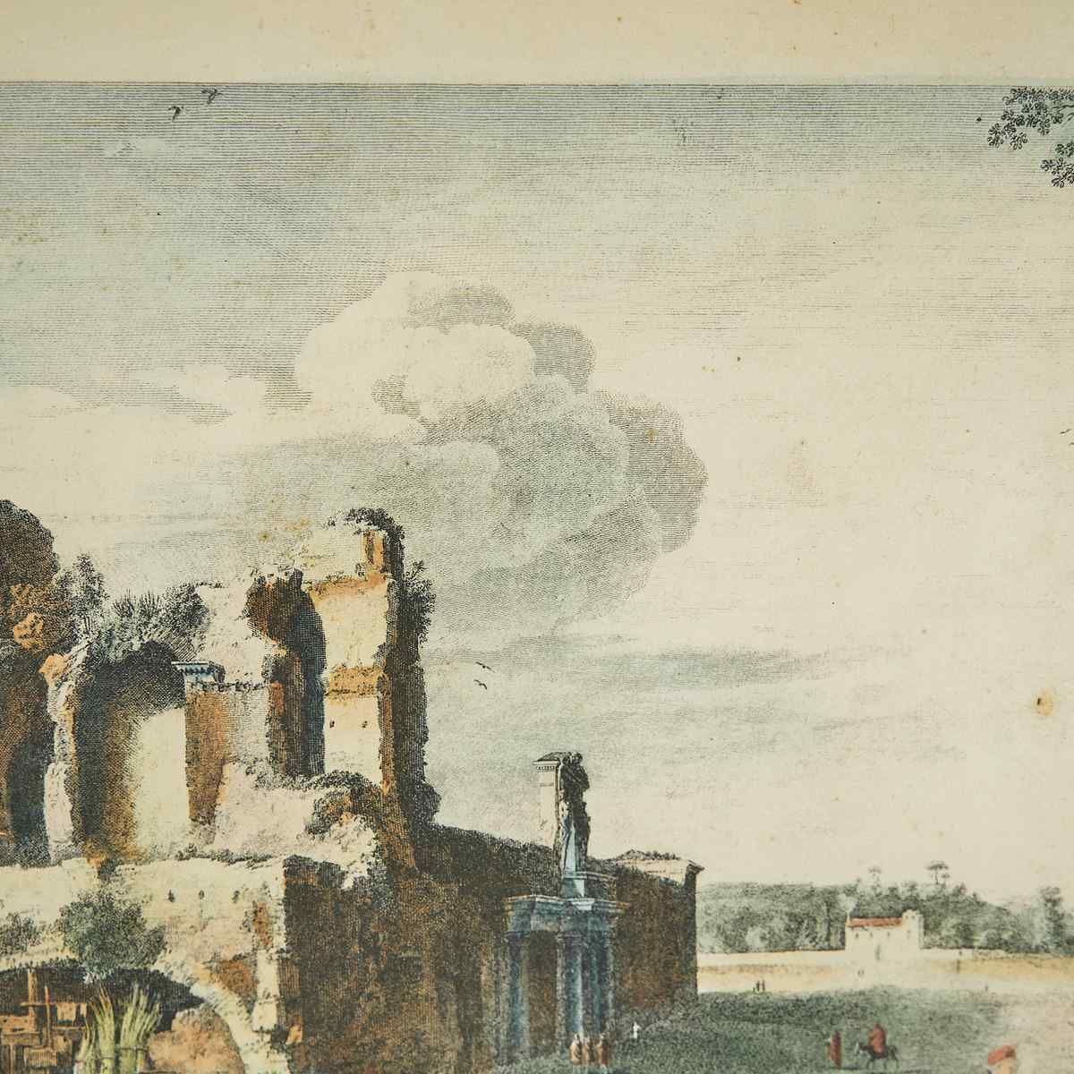 Antique Framed Engraving Print Depicting A Suggestive Landscape Scene With Classical Ruins photo for sale