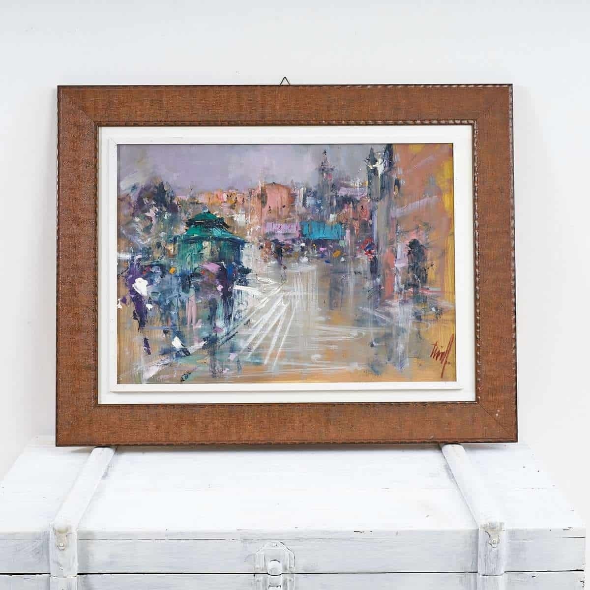 Oil On Canvas Urban Scene By Renzo Piccoli, Painter From Ferrara (Italy)