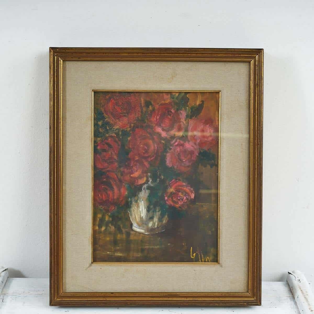 Oil On Canvas Roses In A Golden Frame By Gabriella Bertacchini, 1970s