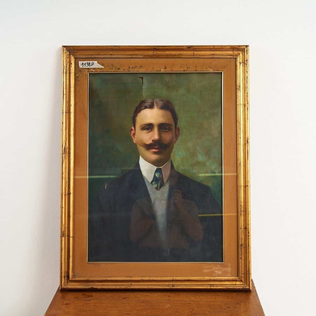 Mannelijk Portret In Een Vergulde Lijst, Vintage Oleografie, 20e Eeuw