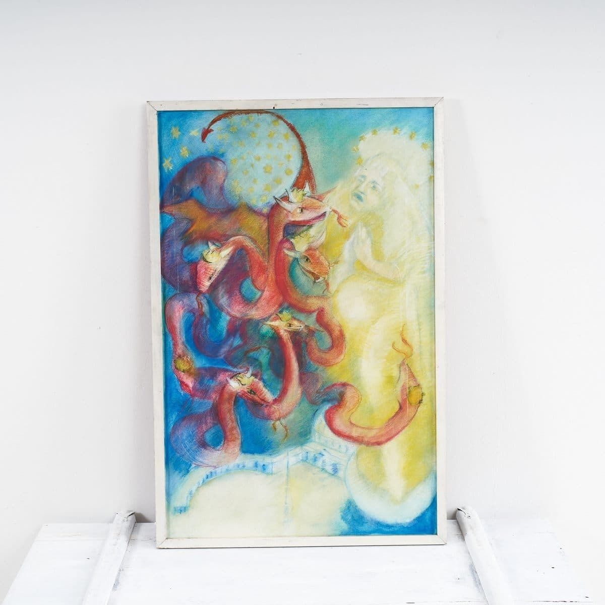 Pastels On Canvas, Vibrant Fresco With Dragons And Mythological Figures, Vintage.