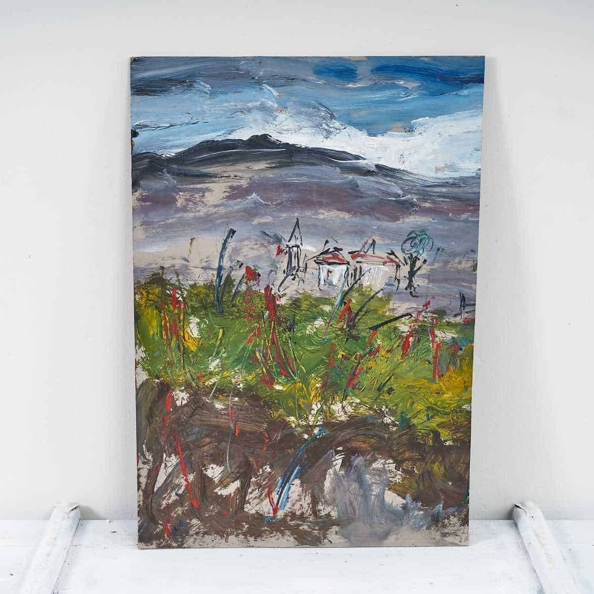Oil On Cardboard Abstract Vibrating Landscape By Giovanni Lovetti, Painter Born In Ferrara.