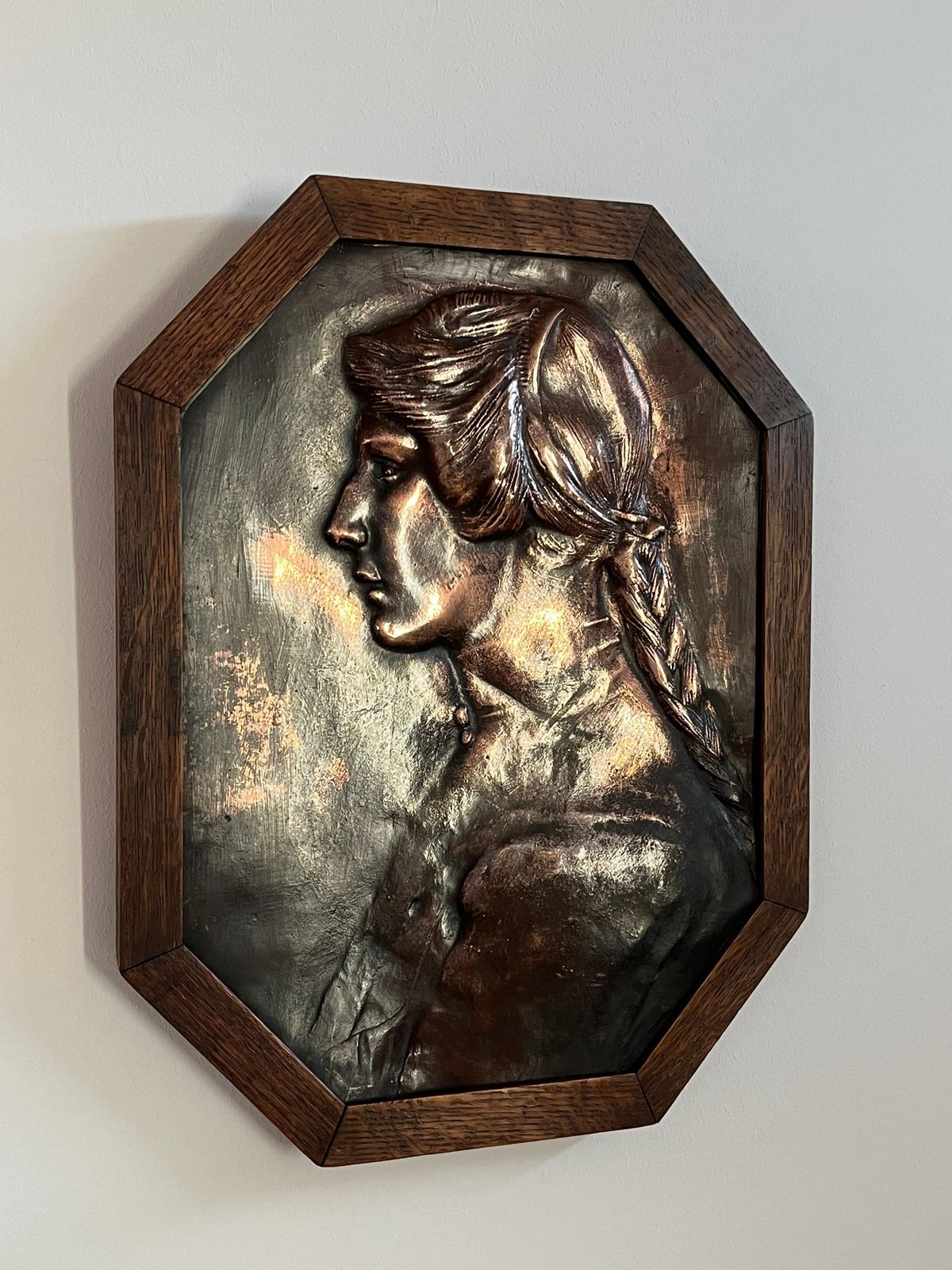 Aesthetic Movement Bronze Plaque Of A Lady In Oak Frame Handmade, Circa 1875 photo buy