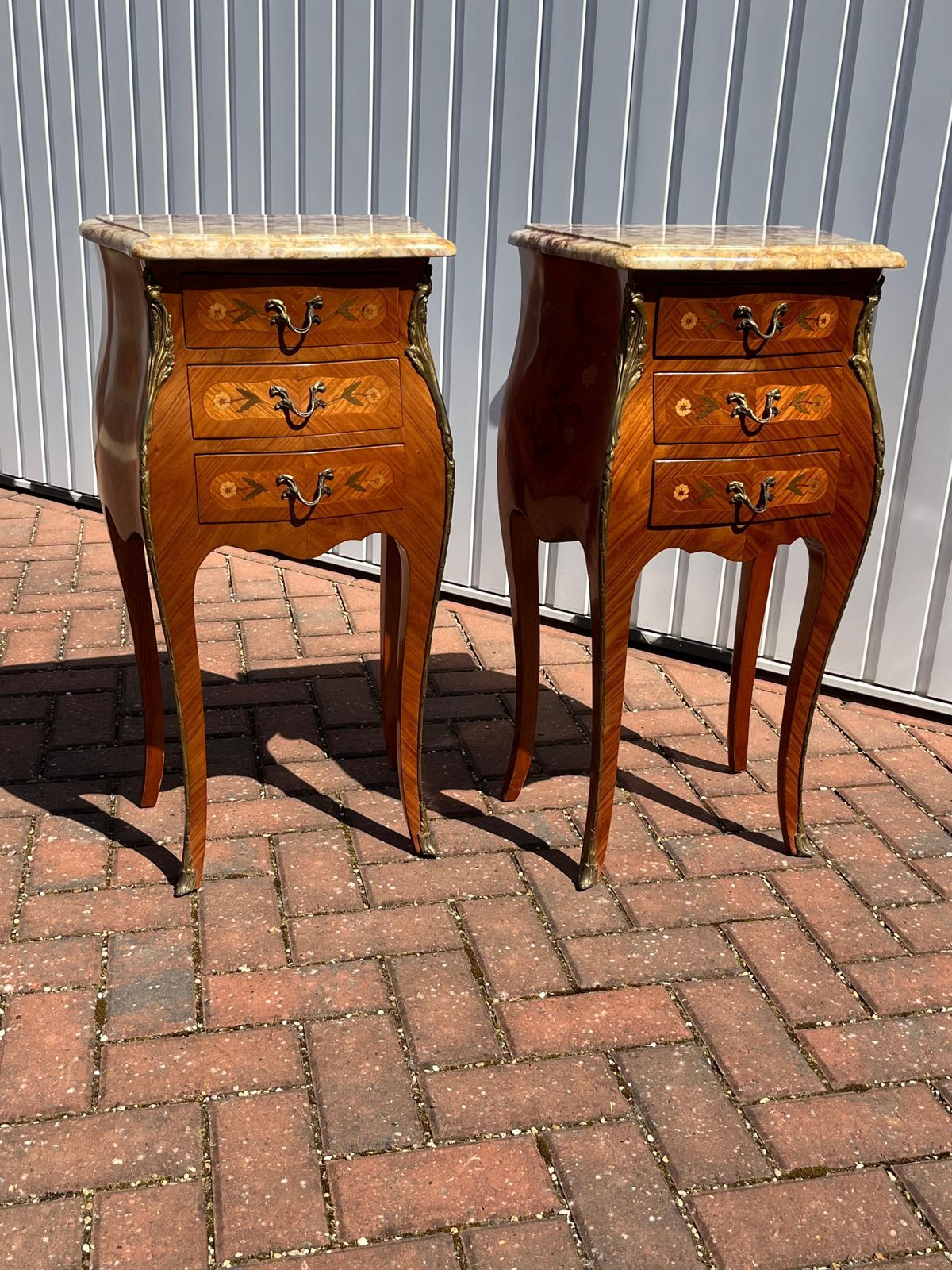 Pair Antique Bedside Cabinets Bombe Shape 3 Drawer Kingwood , France Ca 1900 photo for sale
