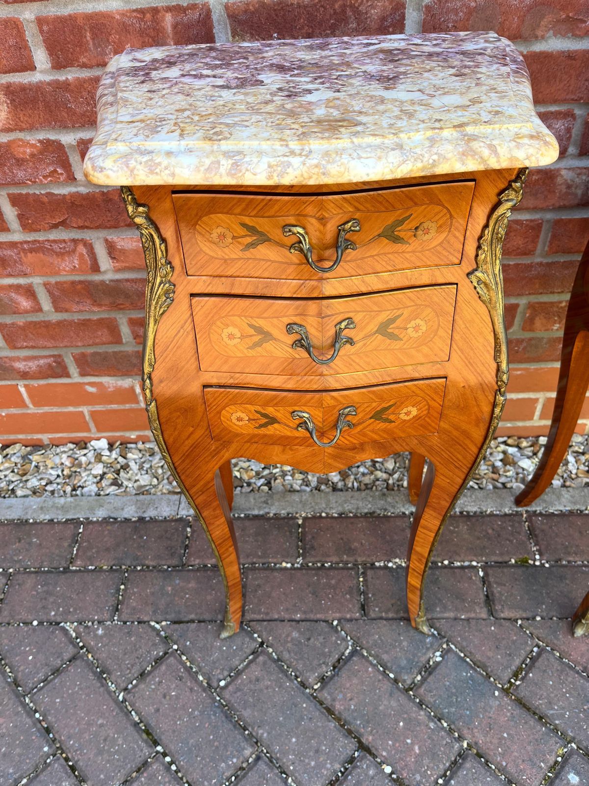 photo buy Pair Antique Bedside Cabinets Bombe Shape 3 Drawer Kingwood , France Ca 1900