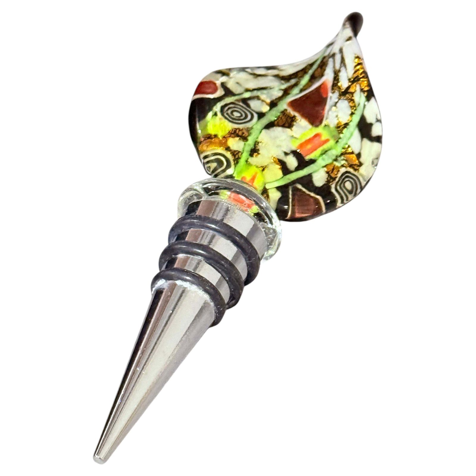 Murano Art Glass Bottle Stopper, Hand Blown Venetian Millefiori & Gold Aventurin