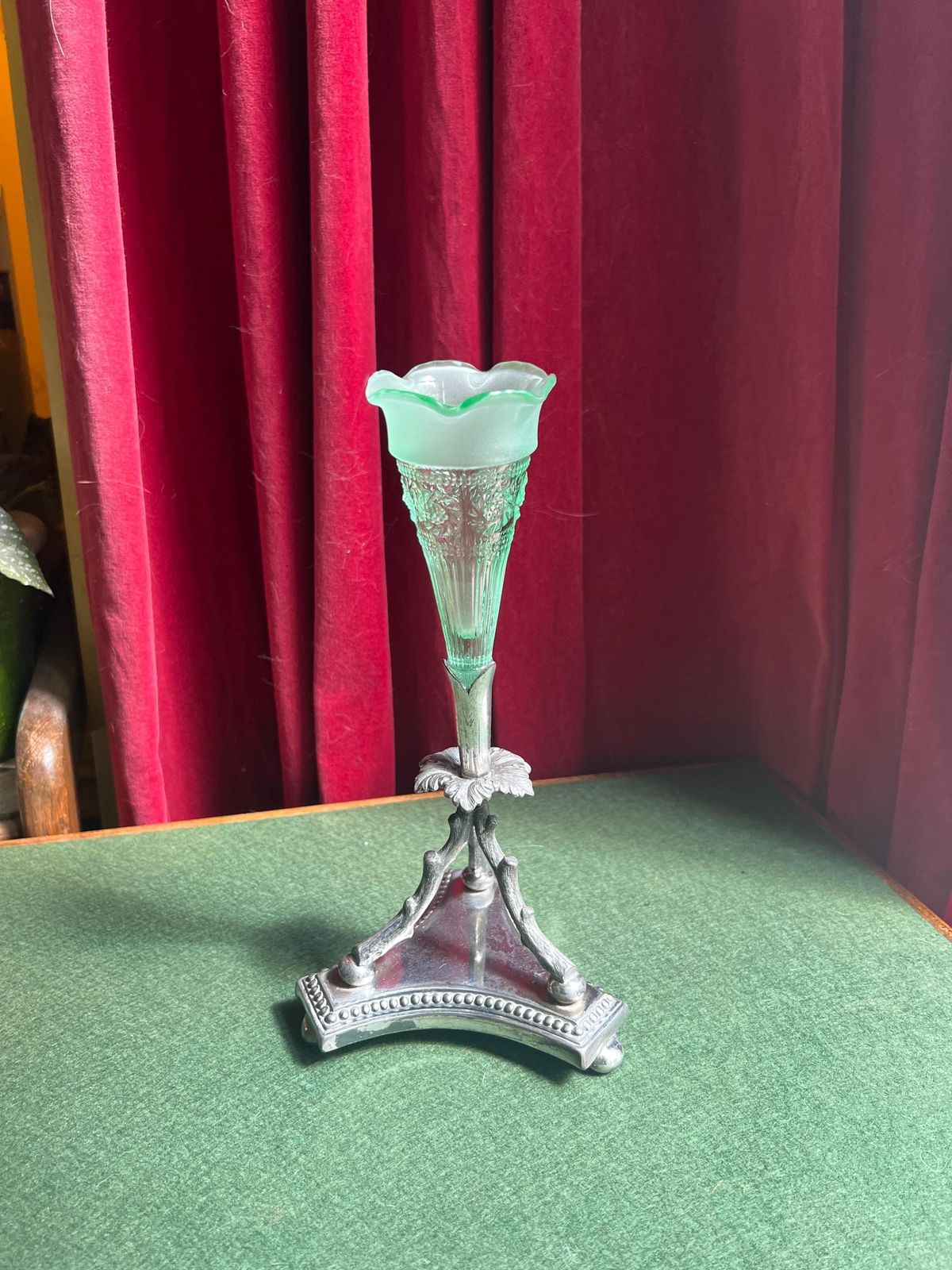 Victorian Epergne Vase. Green Glass On Decorative Silver Plate Base. Stamped James Dixon & Sons