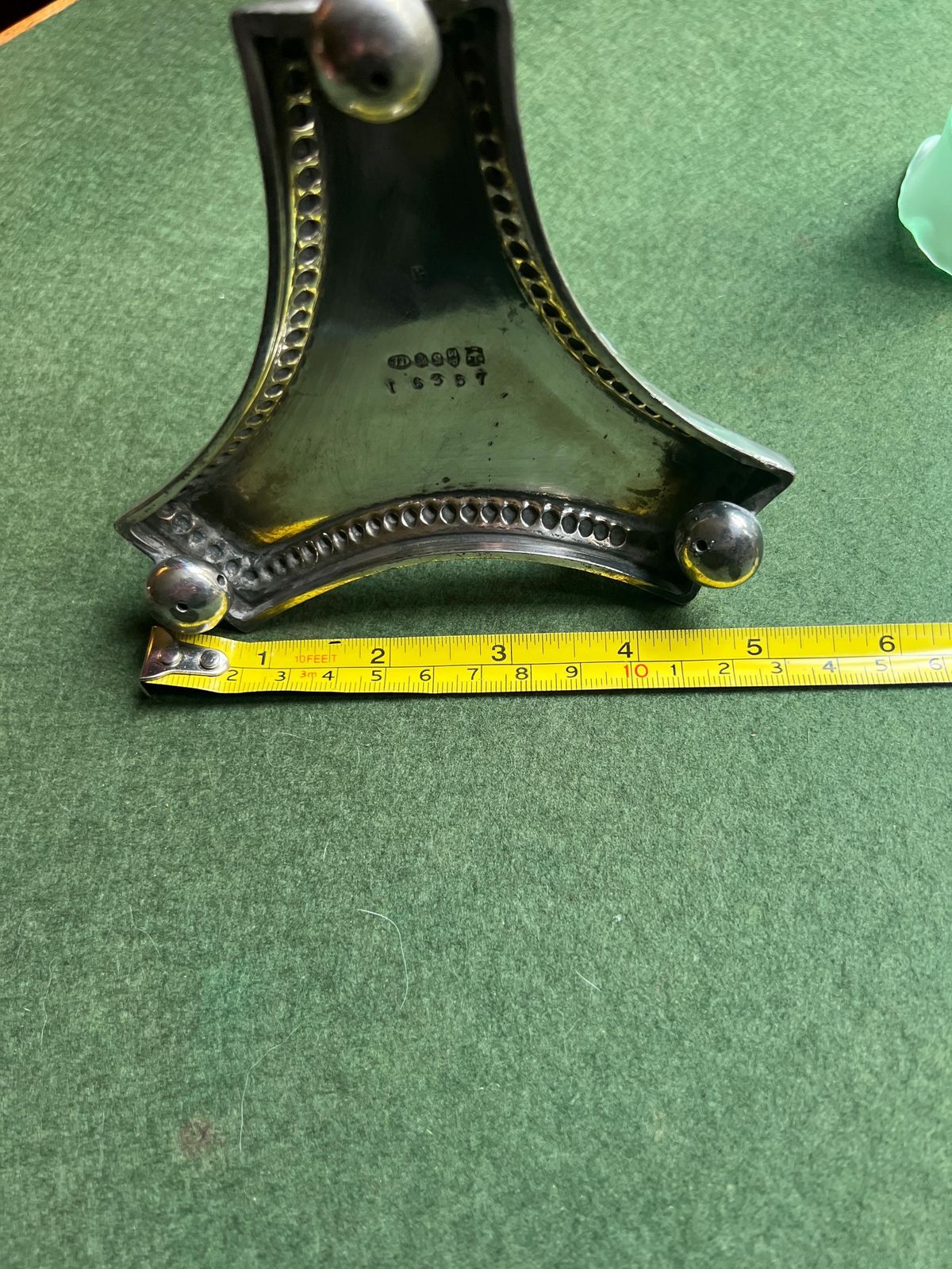 Victorian Epergne Vase. Green Glass On Decorative Silver Plate Base. Stamped James Dixon & Sons photo buy