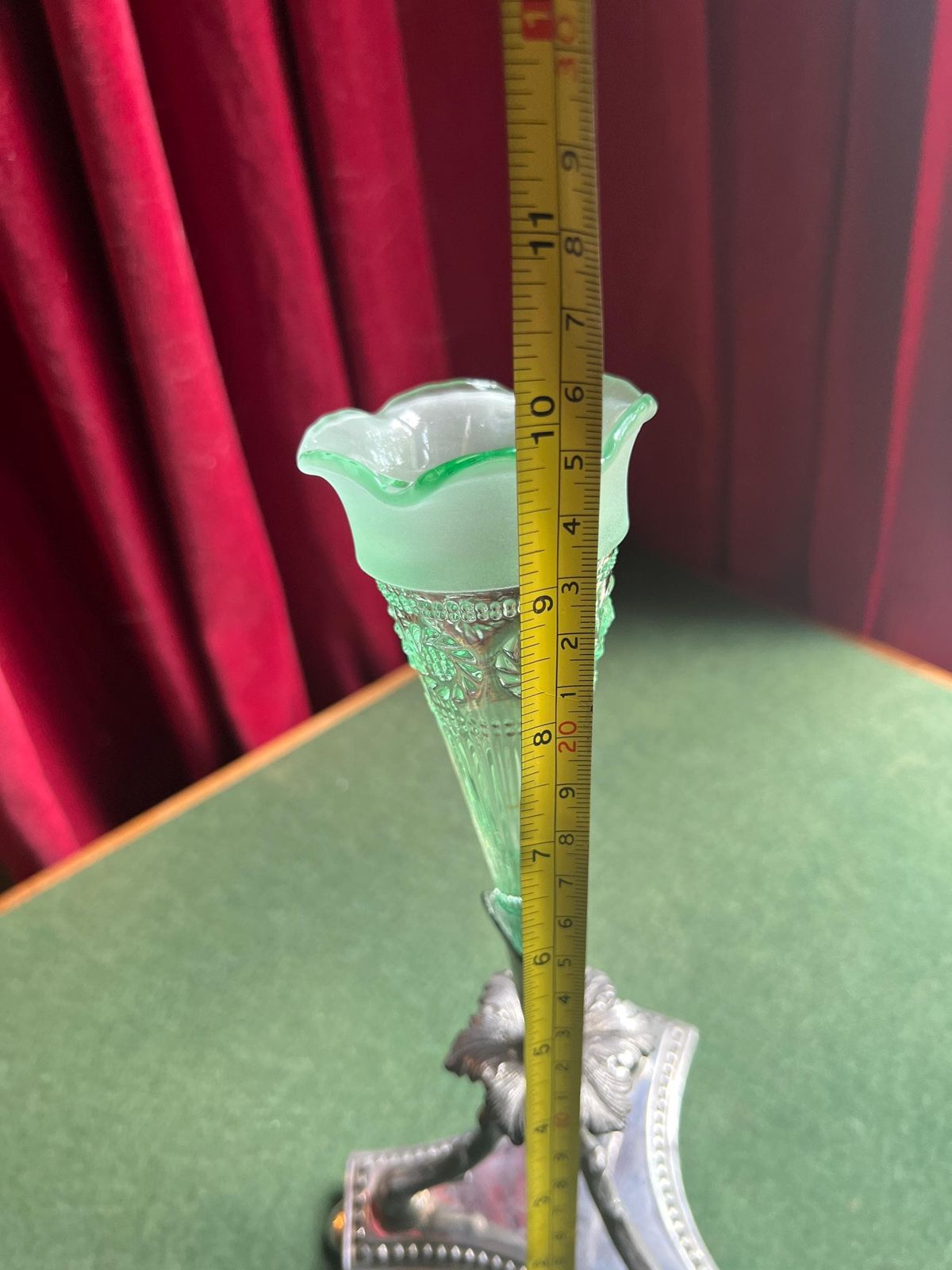 Victorian Epergne Vase. Green Glass On Decorative Silver Plate Base. Stamped James Dixon & Sons photo vintage