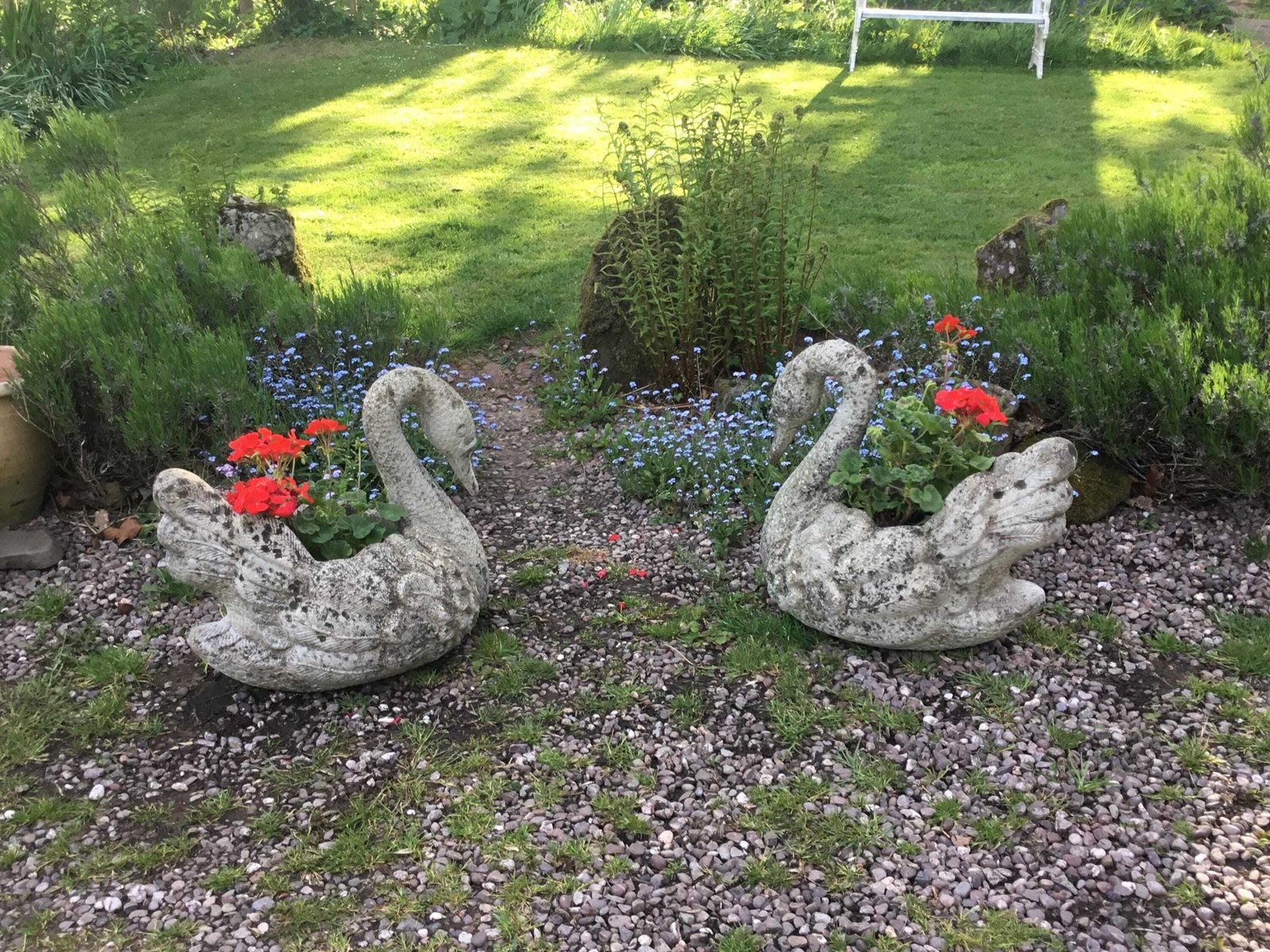 Matching Pair Of Very Large Vintage Reconstituted Stone Swan Planters