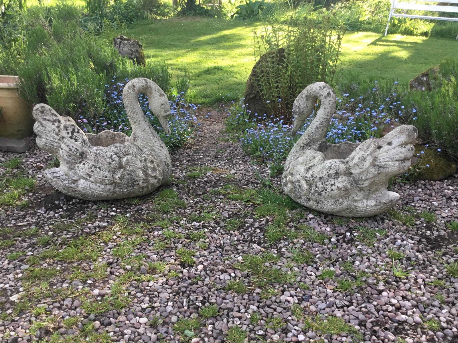 Matching Pair Of Very Large Vintage Reconstituted Stone Swan Planters photo furniture