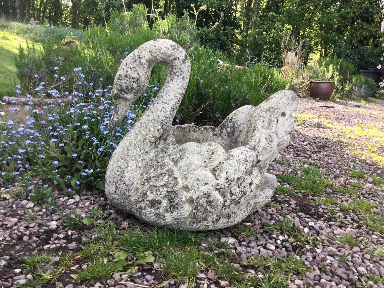 Matching Pair Of Very Large Vintage Reconstituted Stone Swan Planters photo for sale