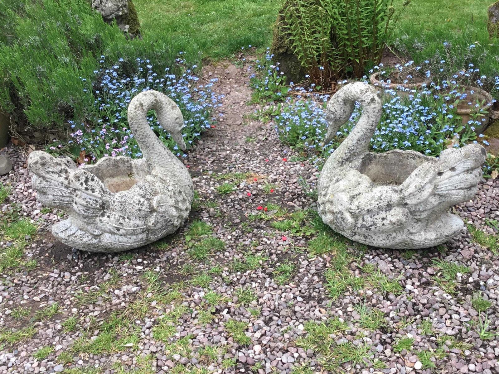 Matching Pair Of Very Large Vintage Reconstituted Stone Swan Planters photo vinterior