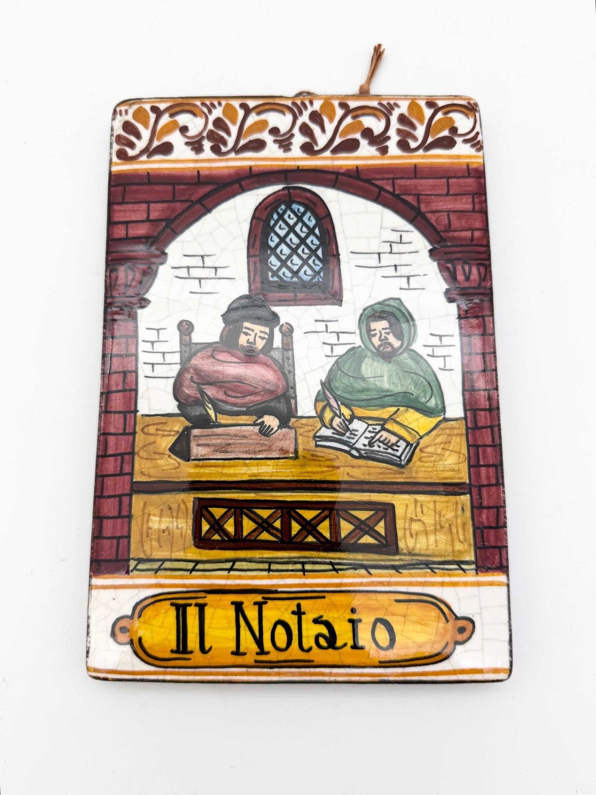 Vintage Deruta Hand Painted Italian Ceramic Tile, Medieval Notary Scene Wall Plaque photo Art