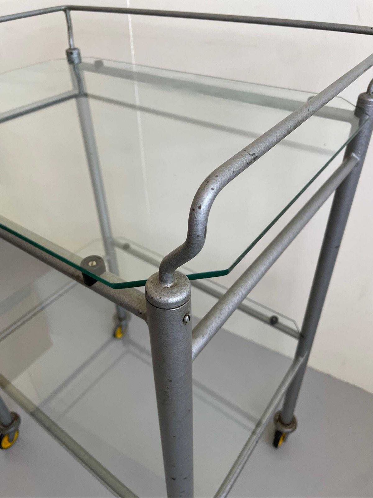 Vintage Industrial Or Medical Tubular Metal Trolley With Glass Shelves photo buy