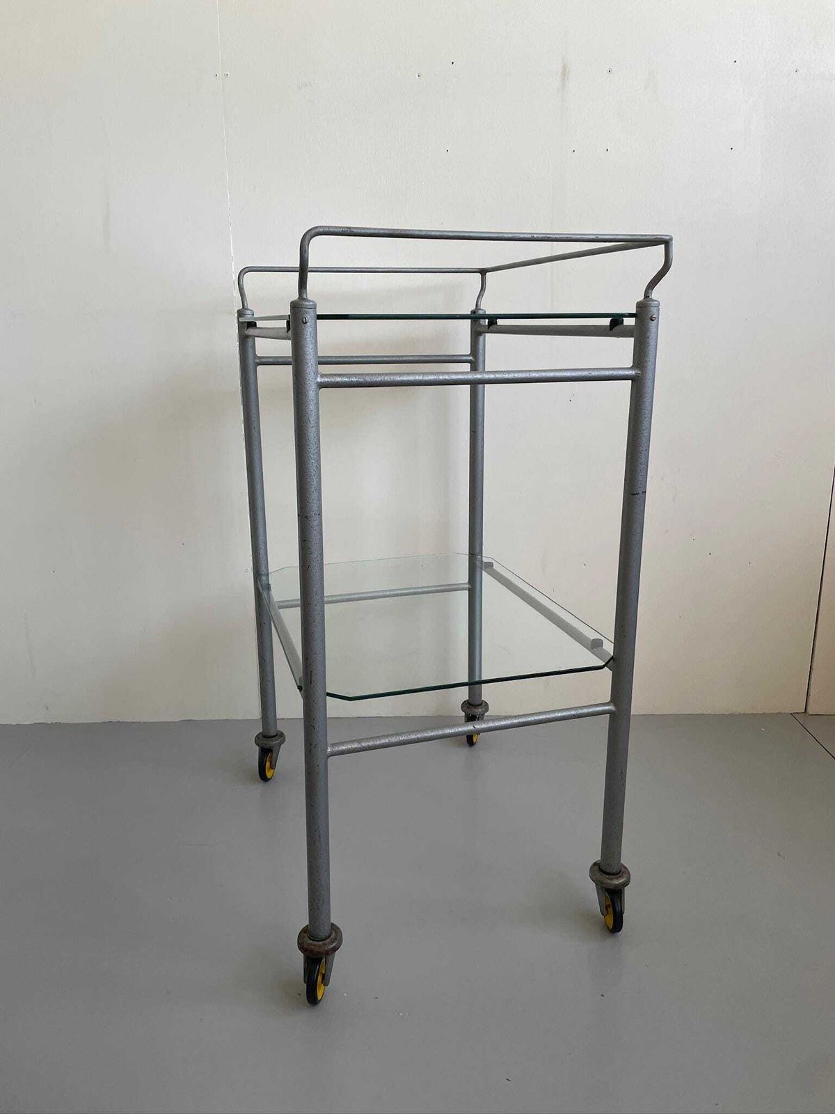 Vintage Industrial Or Medical Tubular Metal Trolley With Glass Shelves photo vintage