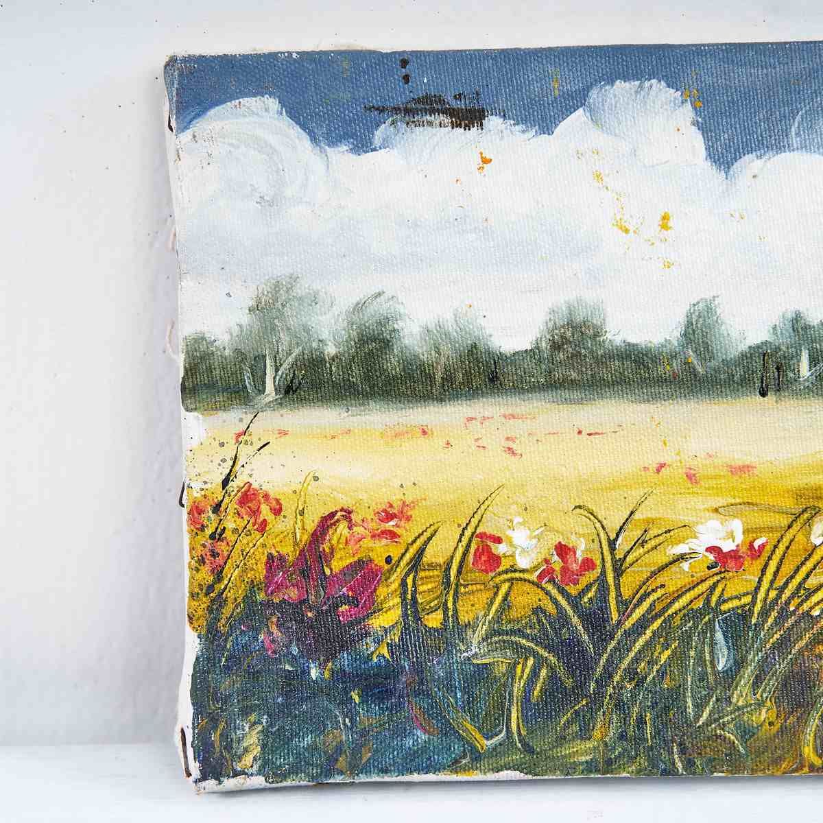 Olieverfschilderij Op Doek – Bloemrijk Landschap In Olieverf, Jaren 1980 photo for sale