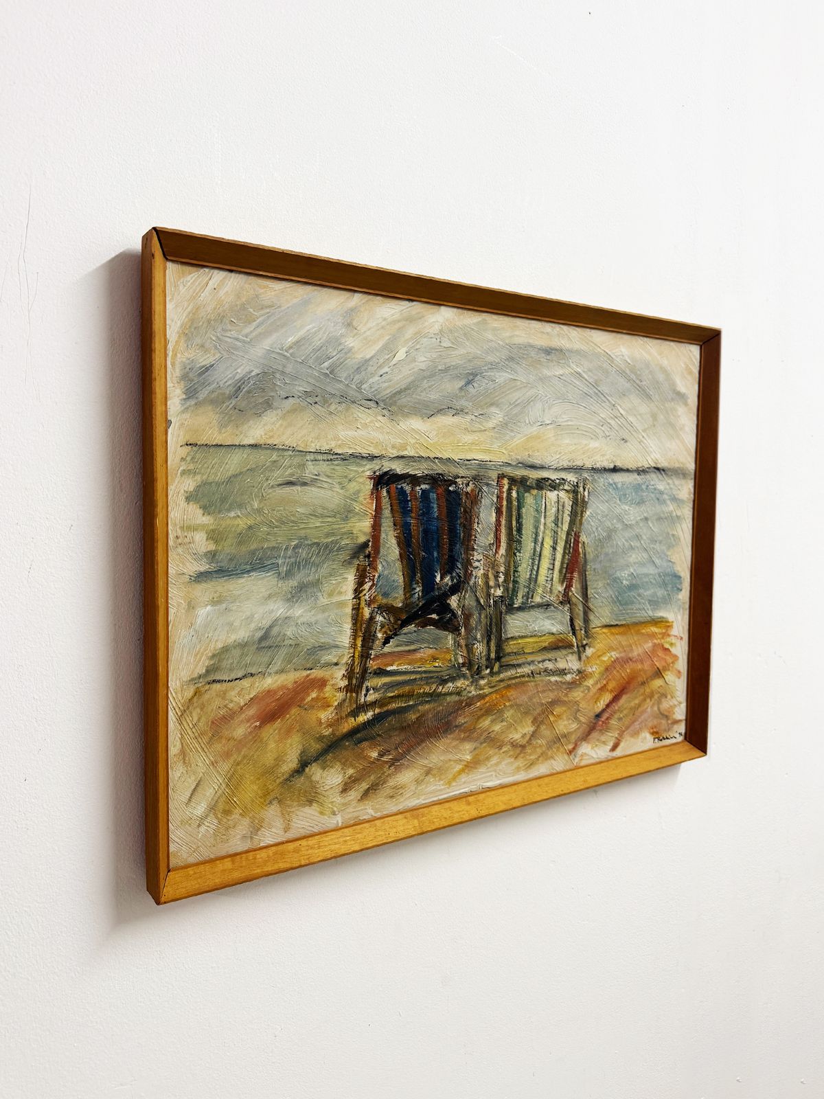 Mid Century Expressionist Beach Deck Chairs Oil Painting Signed F Robbins photo for sale