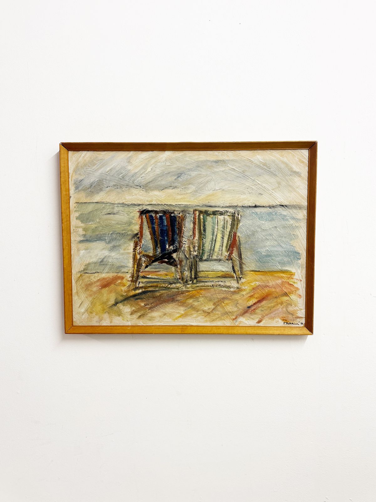 Mid Century Expressionist Beach Deck Chairs Oil Painting Signed F Robbins