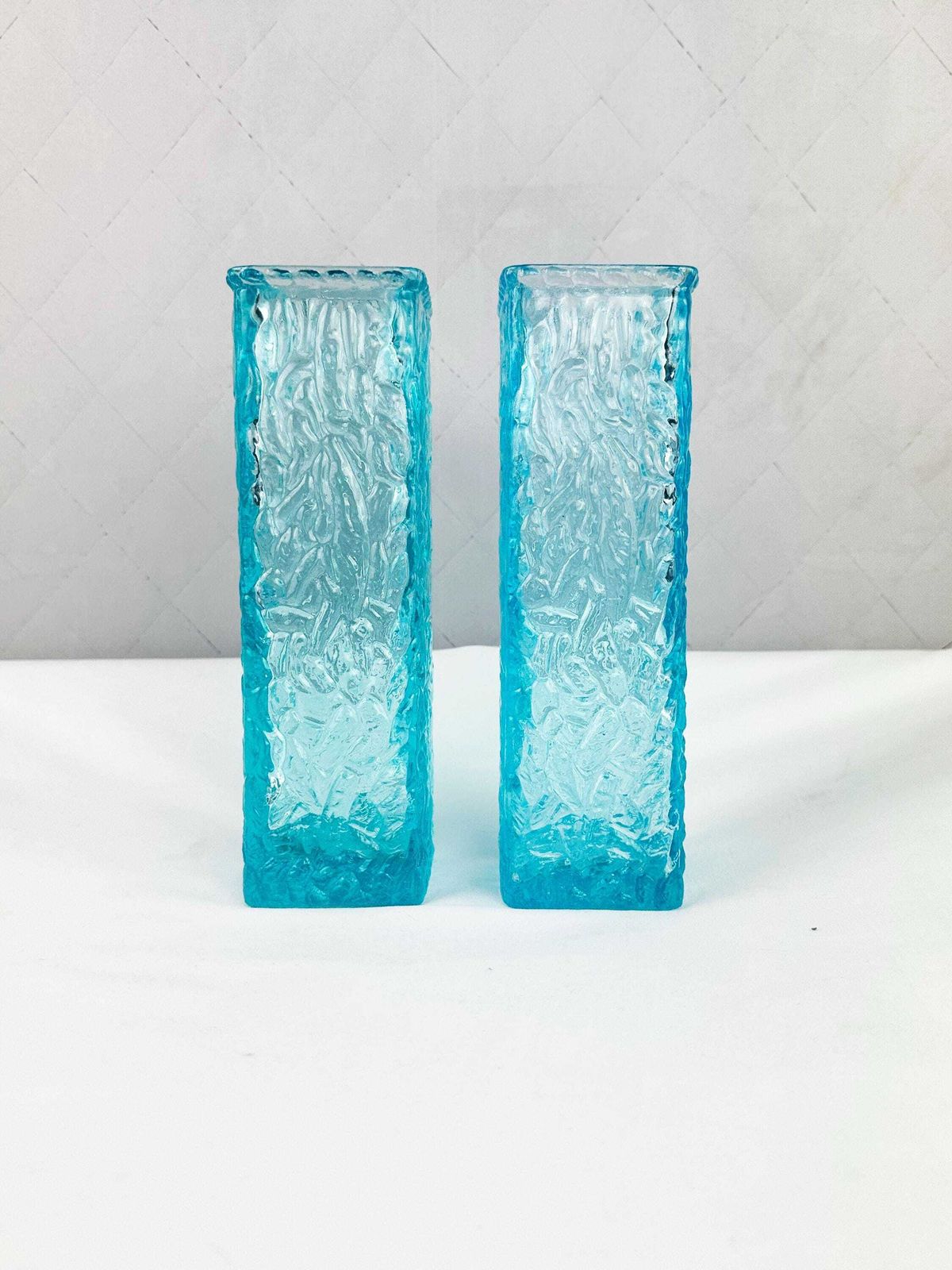 Pair Of Mid Century Davidson Brama Luna Turquoise Blue Vintage Glass Bark Vases 1960's