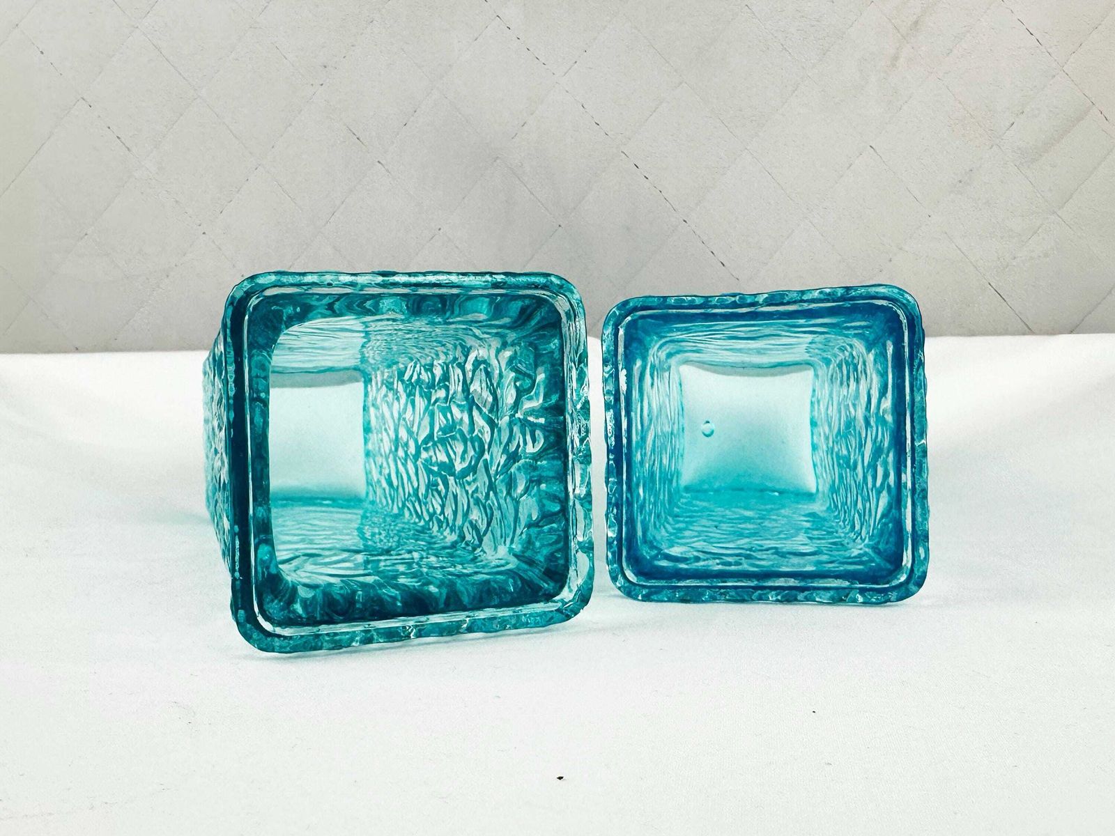 Pair Of Mid Century Davidson Brama Luna Turquoise Blue Vintage Glass Bark Vases 1960's photo Home Decor