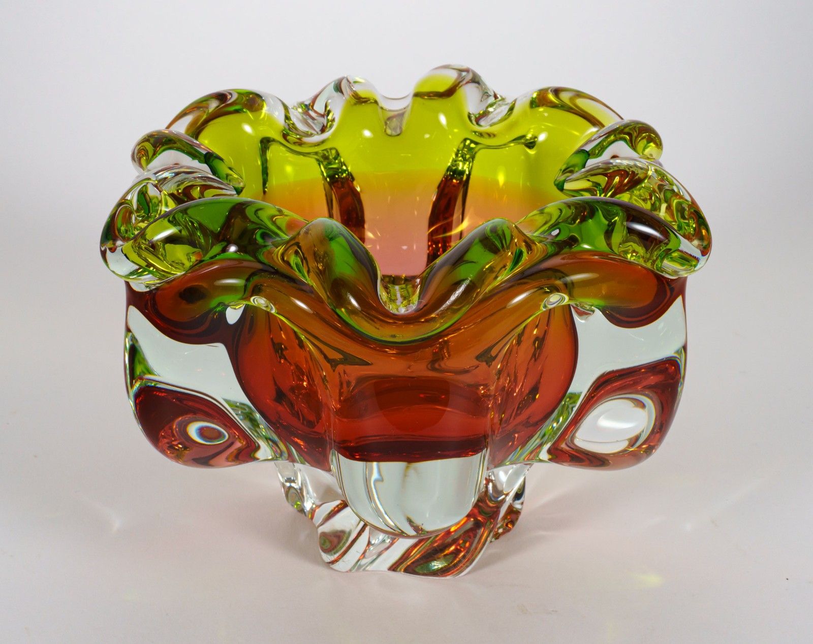 Vintage 1960s Czech Chribska Graduated Pink And Green Cased Lobed Glass Bowl photo furniture