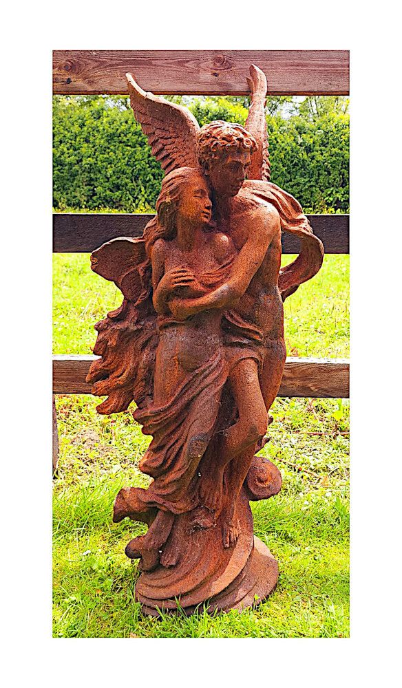 A Very Fine 20th Century Cast Iron Figurative Garden Sculpture Of Cupid And Psyche