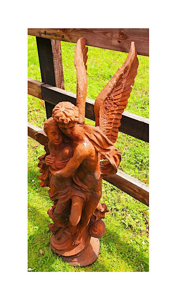 A Very Fine 20th Century Cast Iron Figurative Garden Sculpture Of Cupid And Psyche photo vinterior