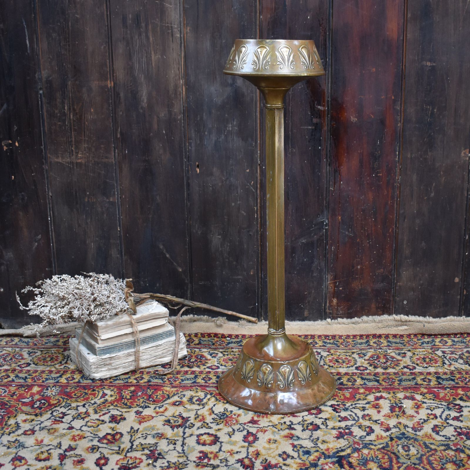 Antique Royal Daalderop Holland Kmd Repousse Brass Column Jardiniere Plant Stand photo furniture
