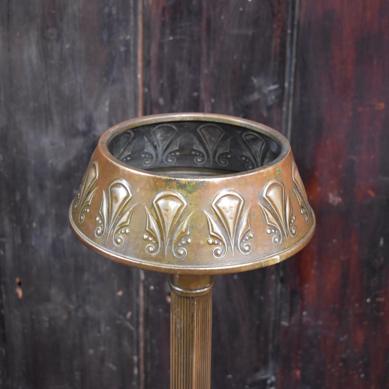 Antique Royal Daalderop Holland Kmd Repousse Brass Column Jardiniere Plant Stand photo for sale