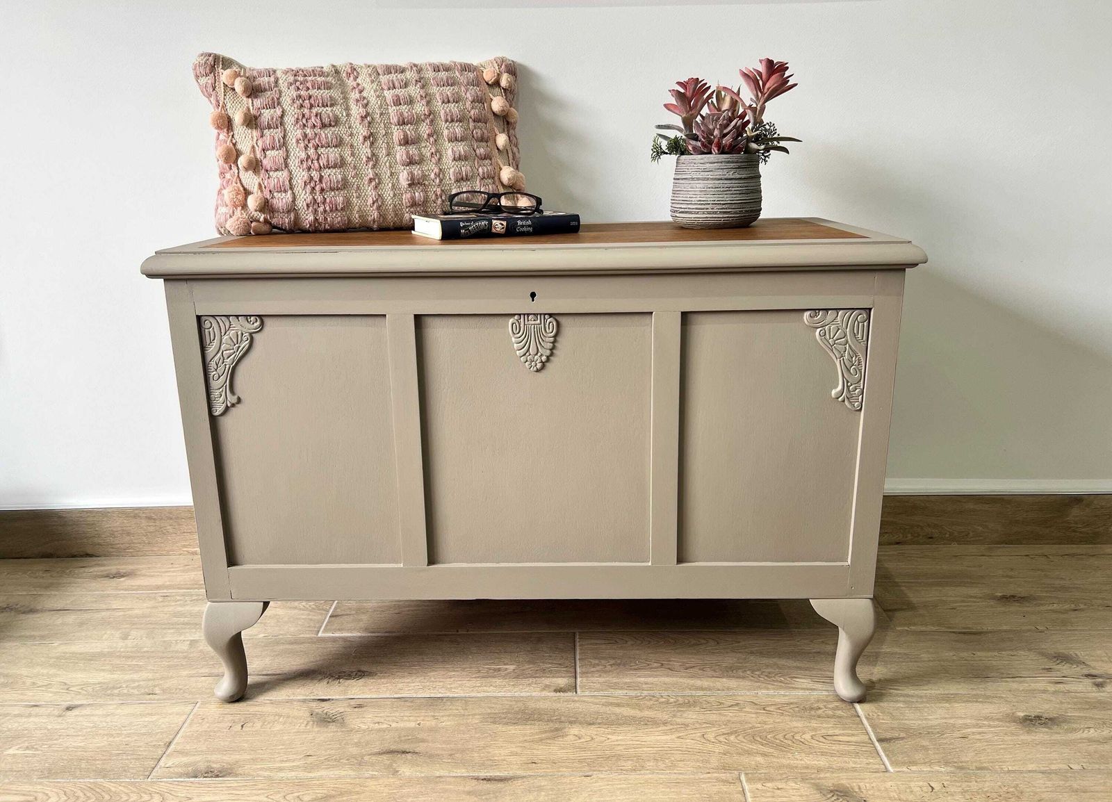 Vintage Blanket Box, Taupe Finish, Cabriole Legs, Carved Details, Queen Anne Style Storage Trunk photo furniture