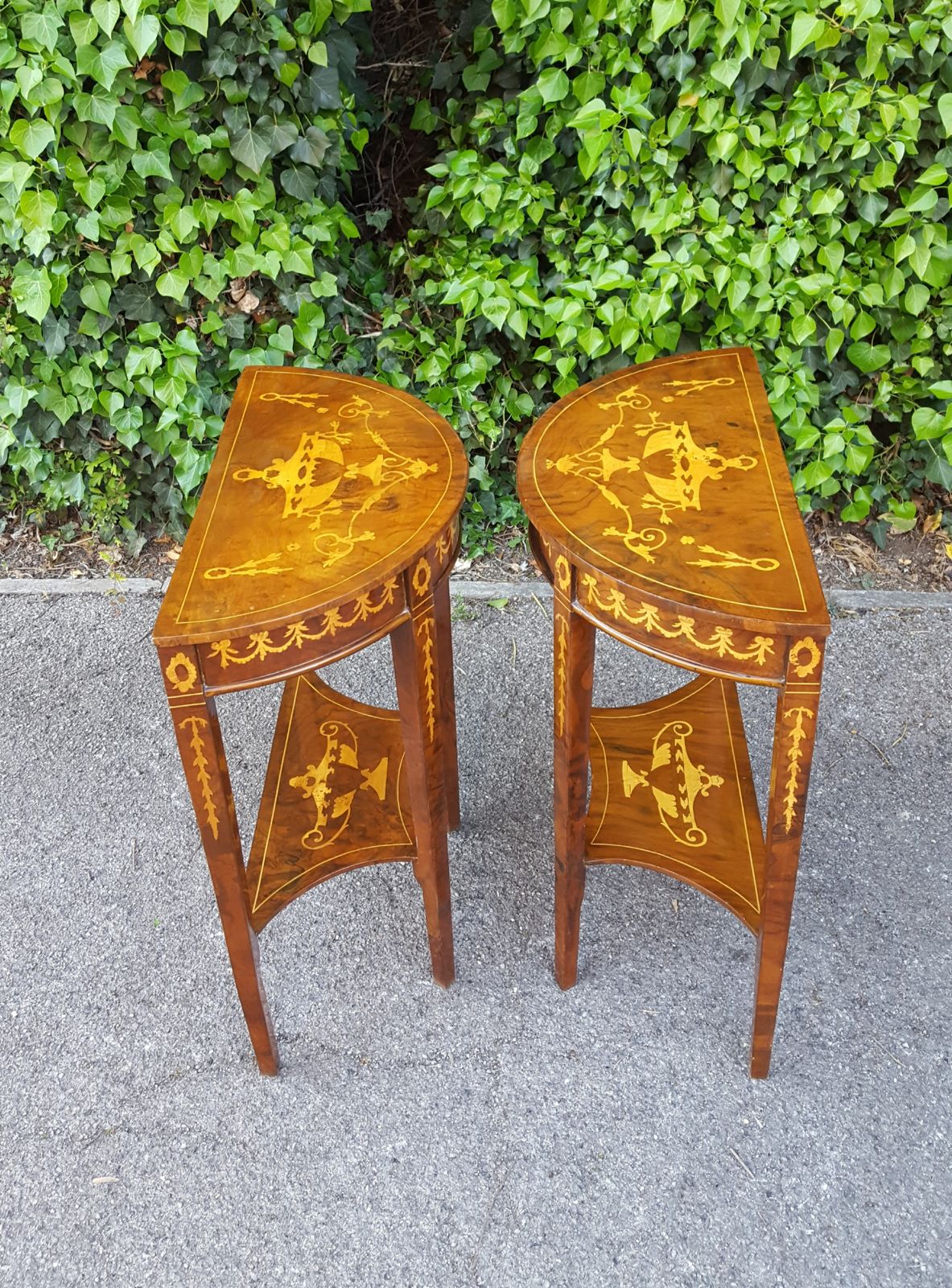 Matching Pair Of Walnut Single Drawer Demi Lune Hall Tables photo vinterior