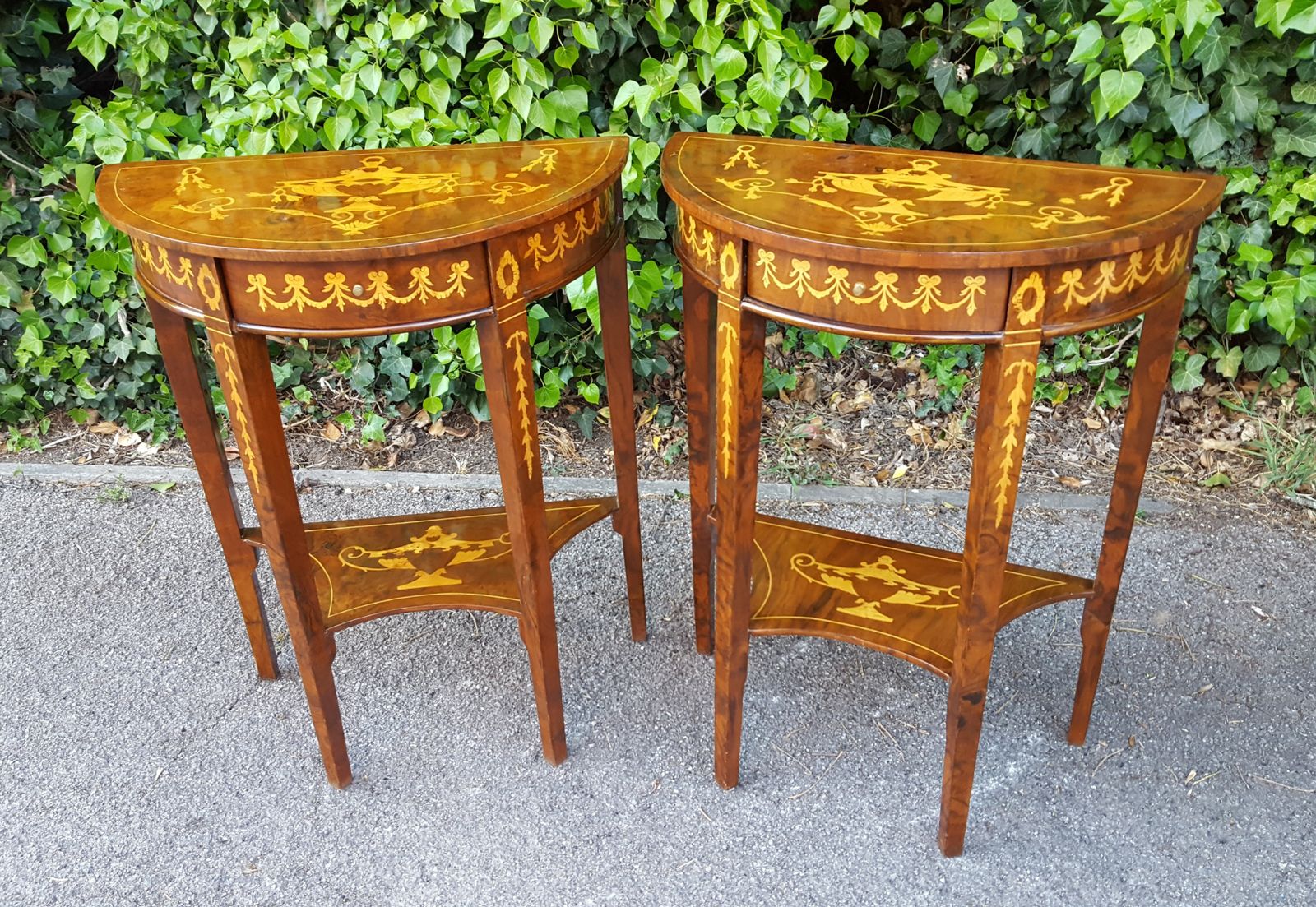 Matching Pair Of Walnut Single Drawer Demi Lune Hall Tables photo vintage