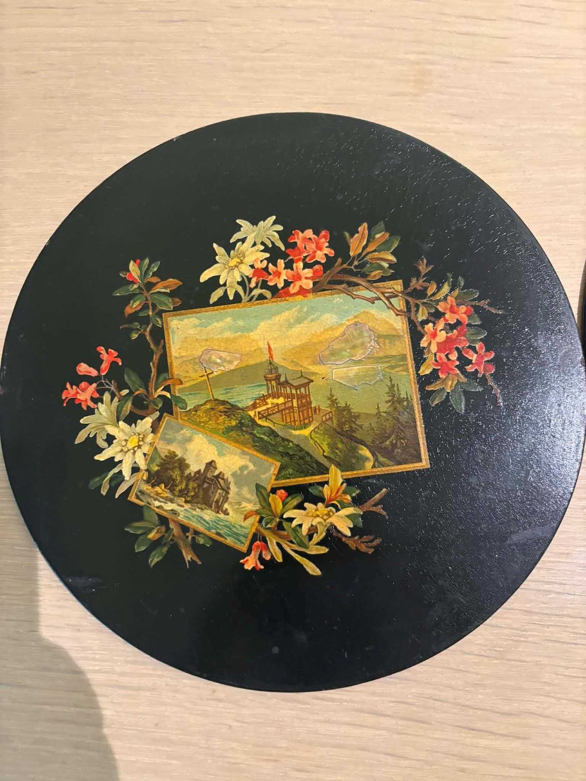 Antique Napoleon III Papier Mâché Lacquer Plates/Plaques Pair Hand Painted French Wall Decor Victorian Catchall, Black Lacque Floral Scenic photo for sale