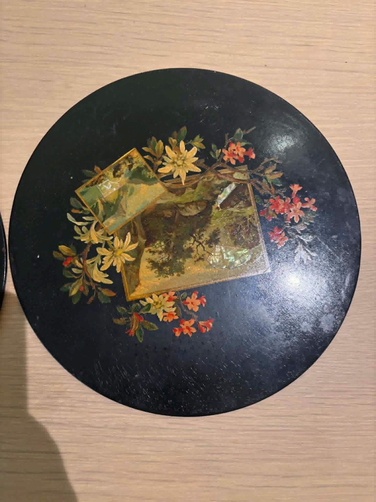 Antique Napoleon III Papier Mâché Lacquer Plates/Plaques Pair Hand Painted French Wall Decor Victorian Catchall, Black Lacque Floral Scenic photo buy