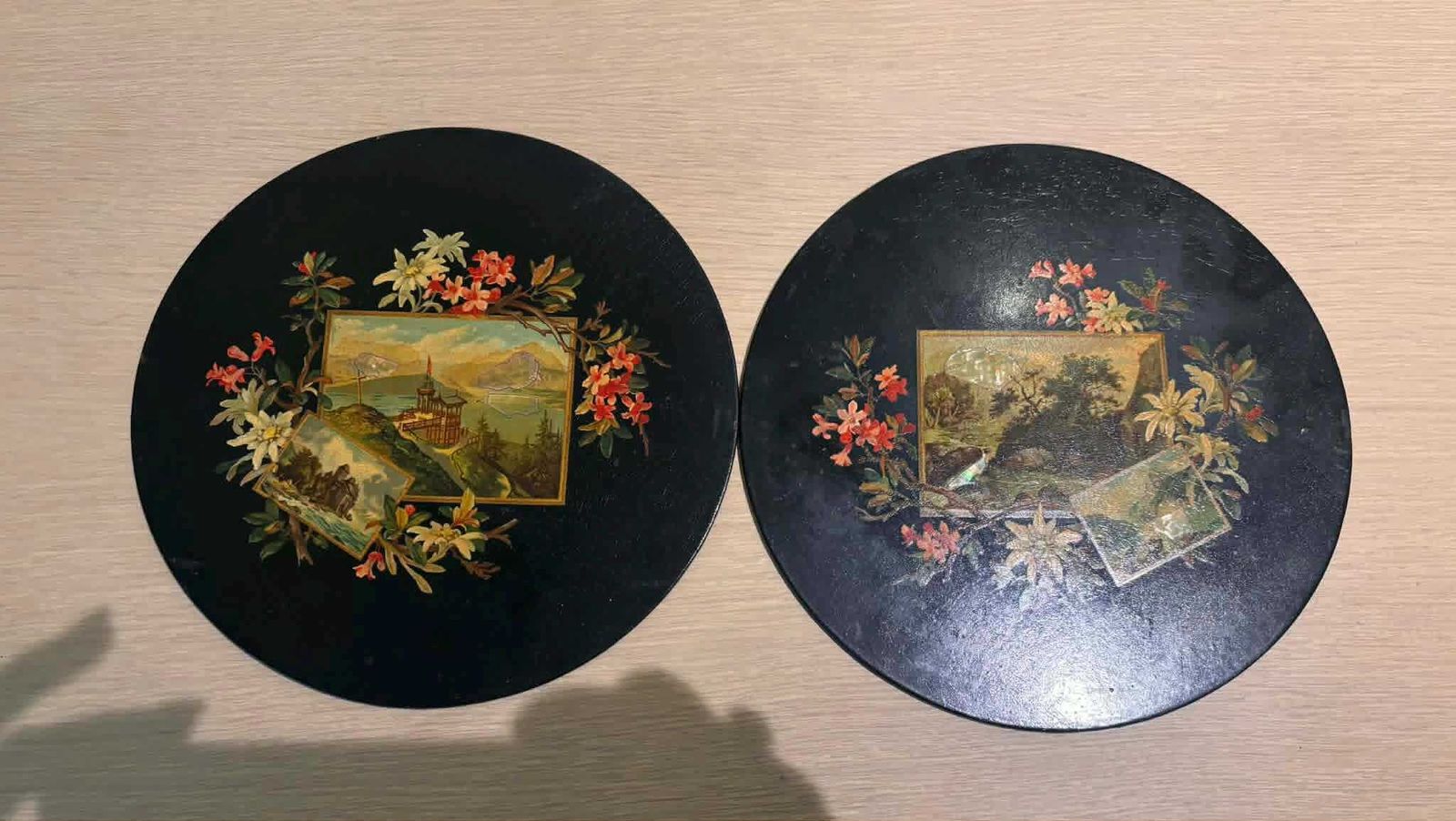Art Antique Napoleon III Papier Mâché Lacquer Plates/Plaques Pair Hand Painted French Wall Decor Victorian Catchall, Black Lacque Floral Scenic photo