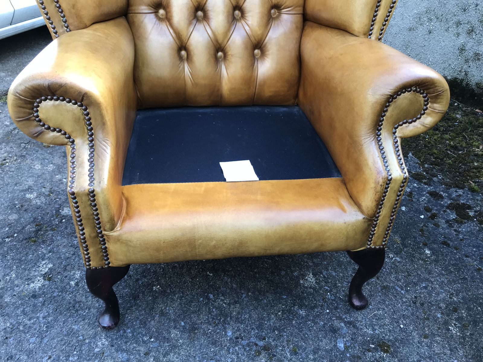 photo buy Vintage Hand Dyed Ochre Leather Chesterfield Wing Armchair