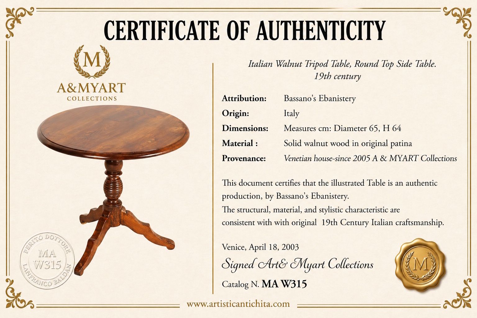 19th Century Italian Walnut Tripod Coffee Table,  Bassano's Ebanistery , Wax Polished photo 2900.0