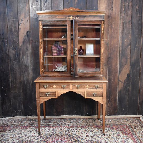Antique Exquisite Inlaid Rosewood Satinwood Glazed Bookcase Leather Insert Desk photo furniture