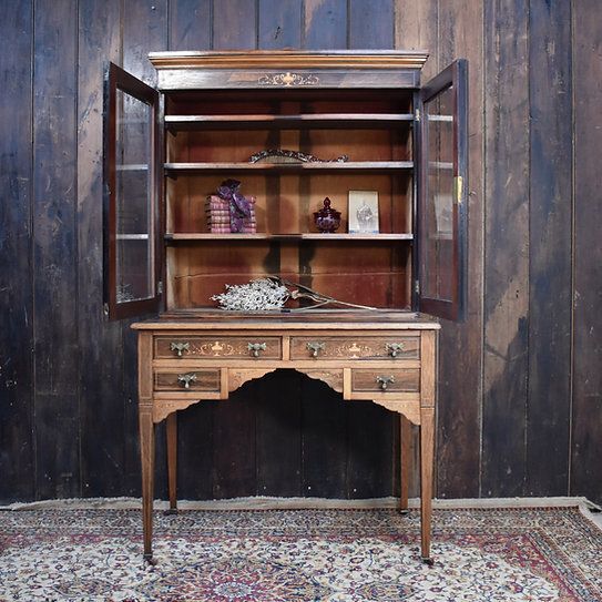photo furniture Antique Exquisite Inlaid Rosewood Satinwood Glazed Bookcase Leather Insert Desk