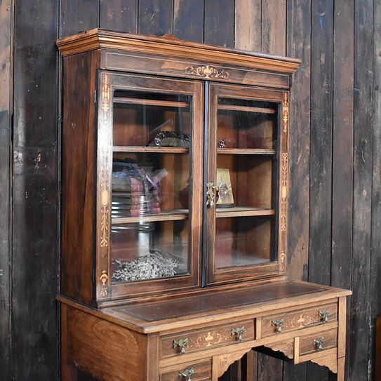 Furniture Antique Exquisite Inlaid Rosewood Satinwood Glazed Bookcase Leather Insert Desk photo