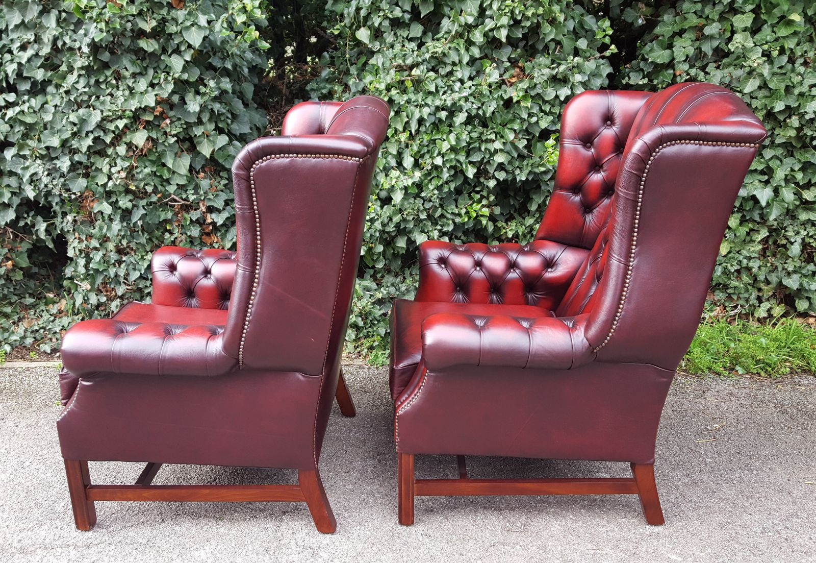 Matching Pair Of Mahogany Red Leather Chesterfield Wingback Armchairs photo Furniture