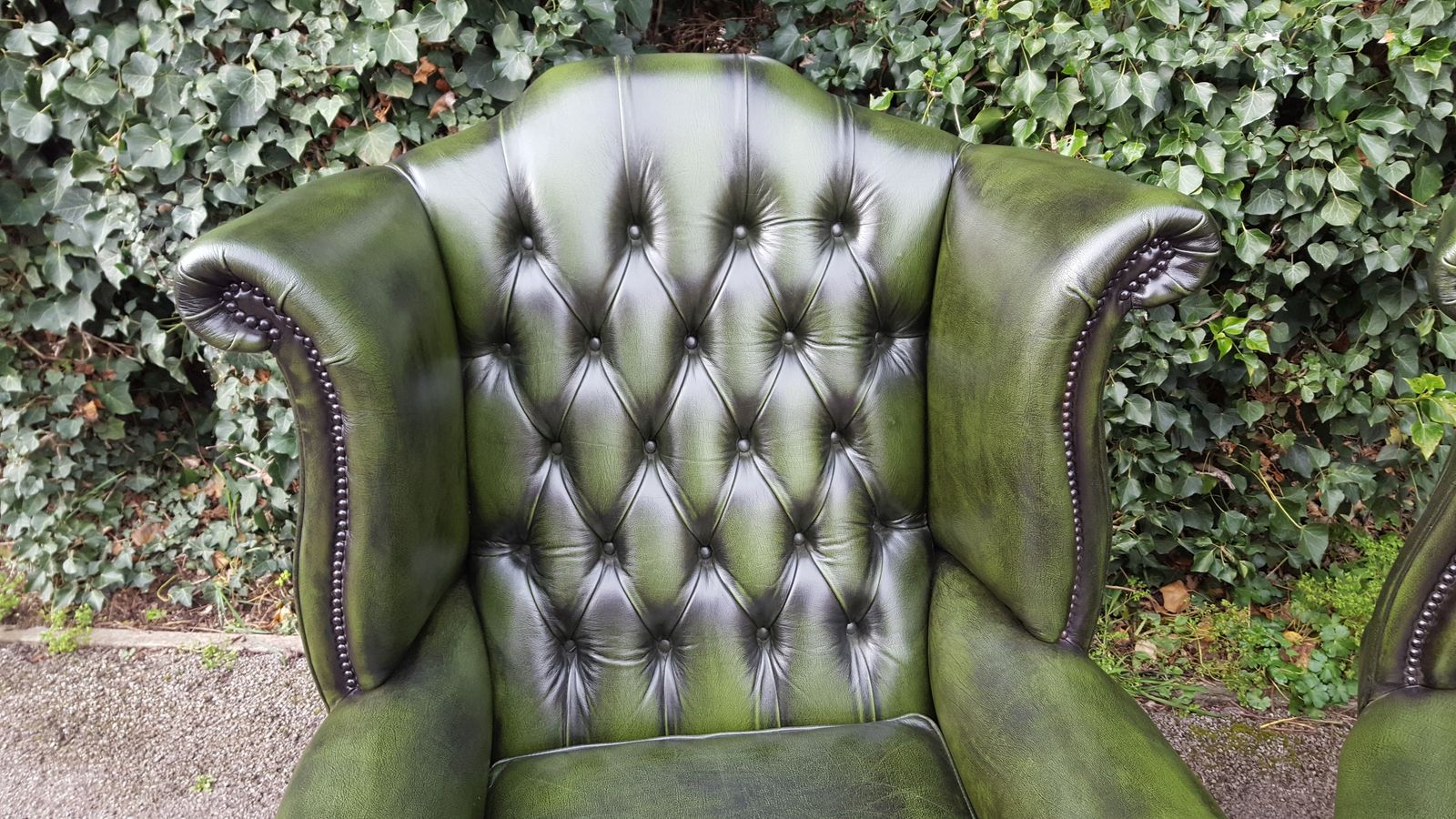 Matching Pair Of Mahogany Green Leather Chesterfield Wingback Armchairs photo vinterior