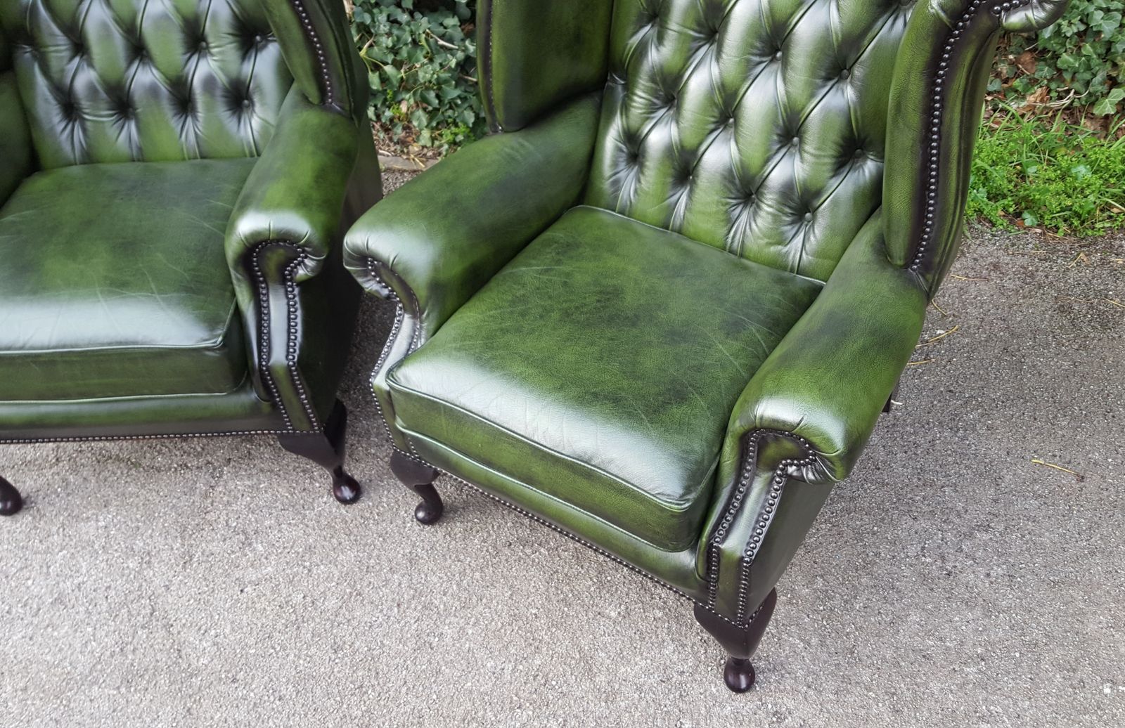 Matching Pair Of Mahogany Green Leather Chesterfield Wingback Armchairs photo vintage