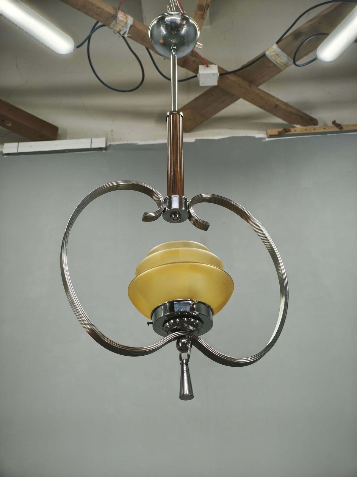 1930s Czech Art Deco Chrome And Frosted Glass Chandelier photo 489.0