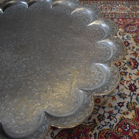 photo furniture Antique Indian Kashmir Hand Engraved Scalloped Brass Wrought Iron Side Tea Table