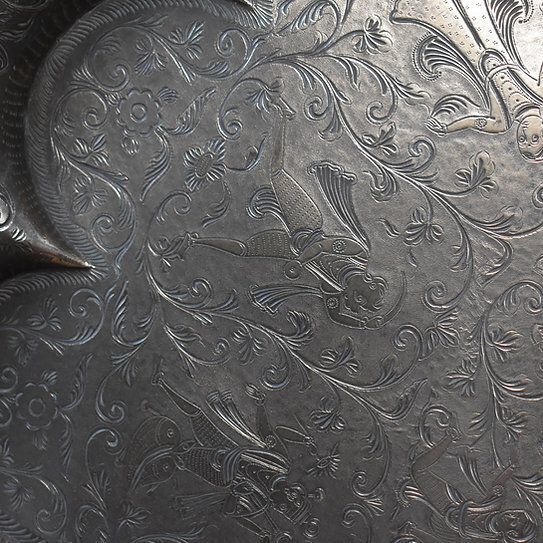 295.0 Antique Indian Kashmir Hand Engraved Scalloped Brass Wrought Iron Side Tea Table photo