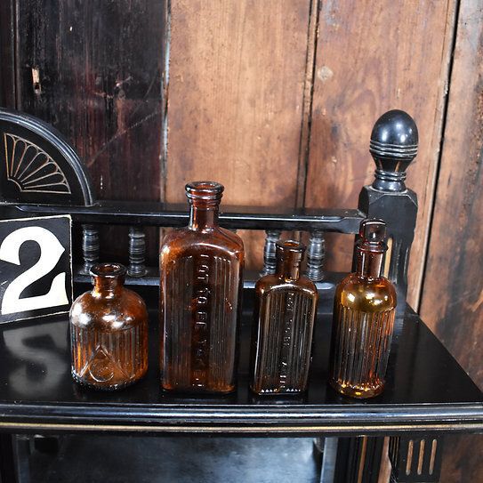Antique Victorian Apothecary Not To Be Taken Poison Brown Glass Bottle Set Of 4 photo vintage